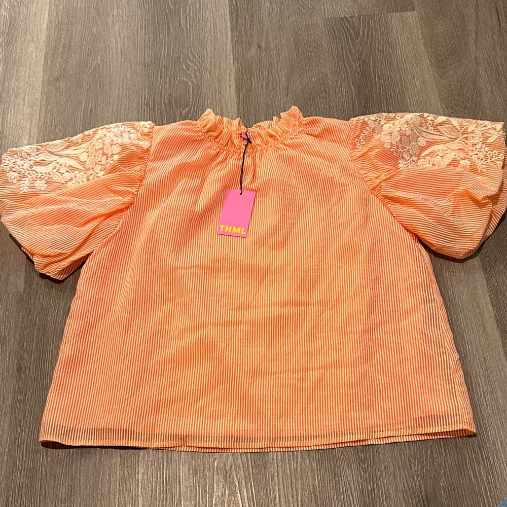 THML Orange Striped Blouse with Lace Sleeves